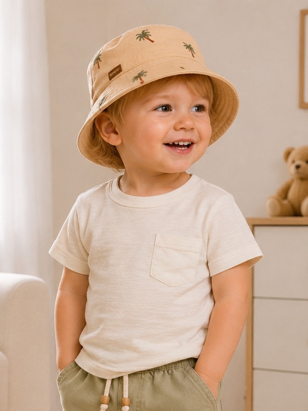 Kids Beige Embroidered Palm Tree Cotton Bucket Hat